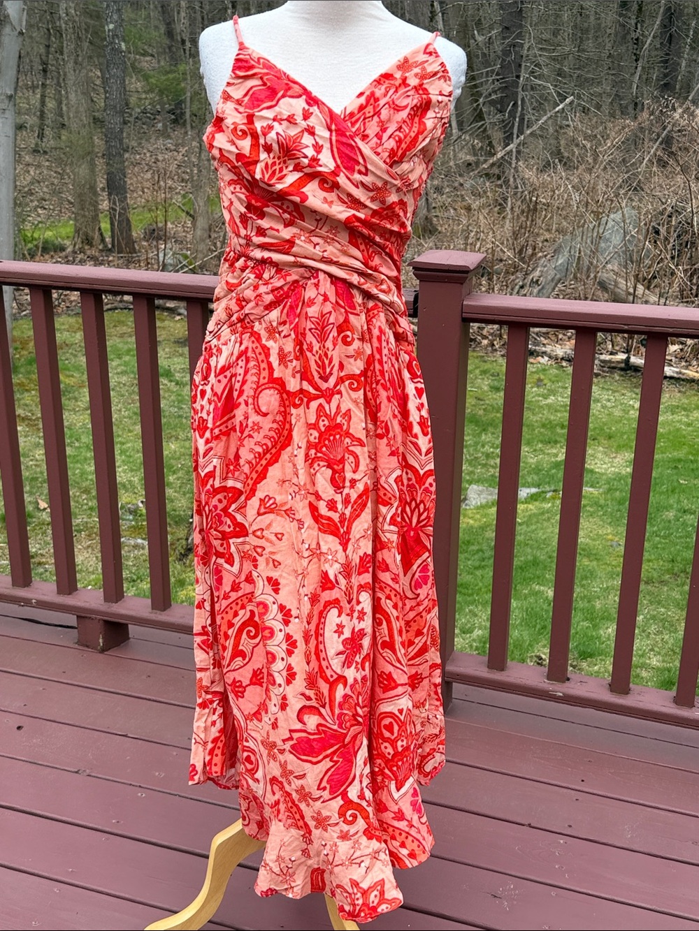 New! Farm Rio small linen blend crossover back tie string jaipur midi dress. - Picture 2 of 13